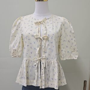 Yellow Women Floral Blouse with Bow Accents